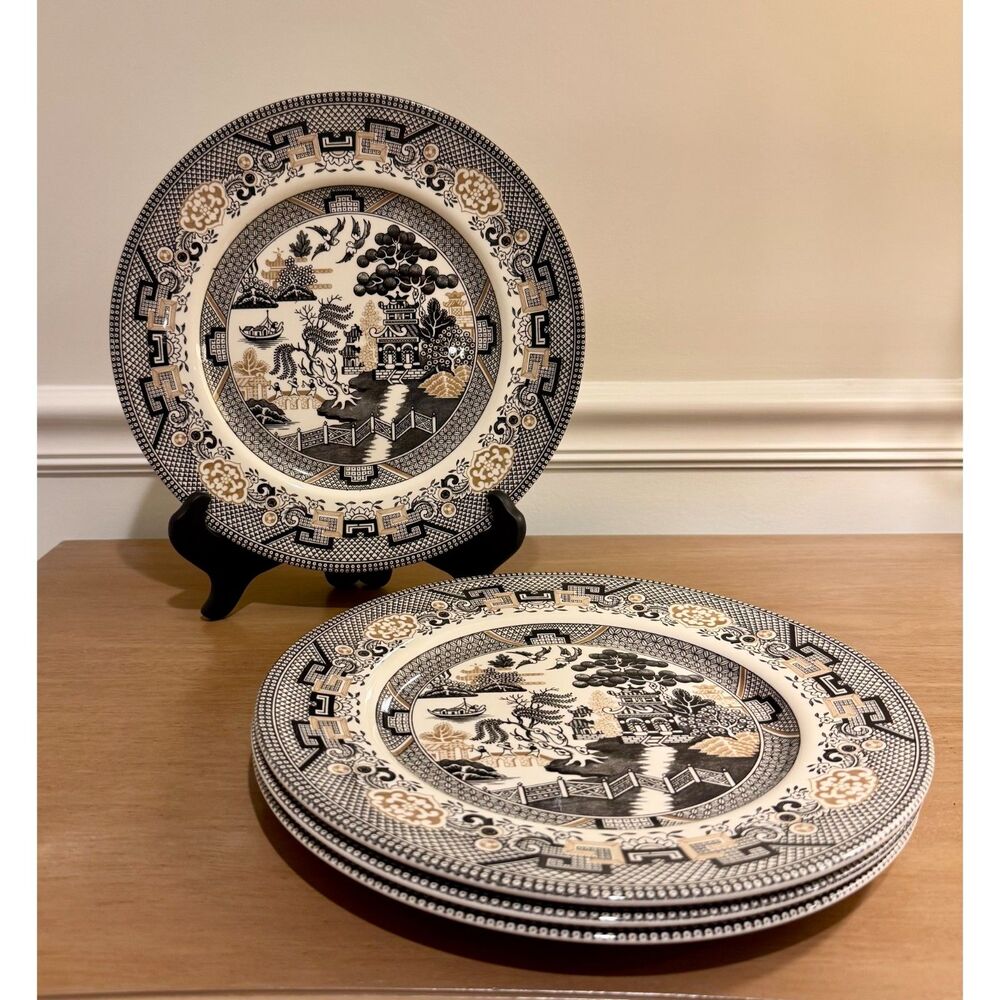 Set of 4 Royal Stafford Black and Gold Willow Dinner Plates - Made in England
